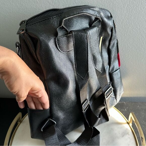 Faux Leather Black Convertible Backpack Bear Charm Work Travel Bag Overnight - Picture 9 of 11